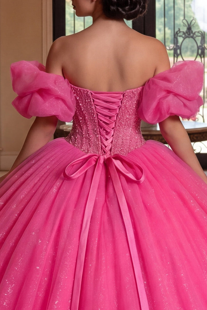 Laden Sie das Bild in den Galerie-Viewer, Glitzerndes schulterfreies Fuchsiafarbenes Korsett, Ballkleid, Quinceañera-Kleid