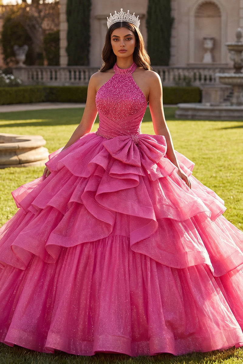 Laden Sie das Bild in den Galerie-Viewer, Halter-Fuchsia, gerüschendes Ballgewand Quinceañera-Kleid mit Schleife