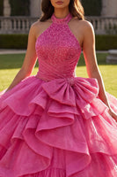Laden Sie das Bild in den Galerie-Viewer, Halter-Fuchsia, gerüschendes Ballgewand Quinceañera-Kleid mit Schleife
