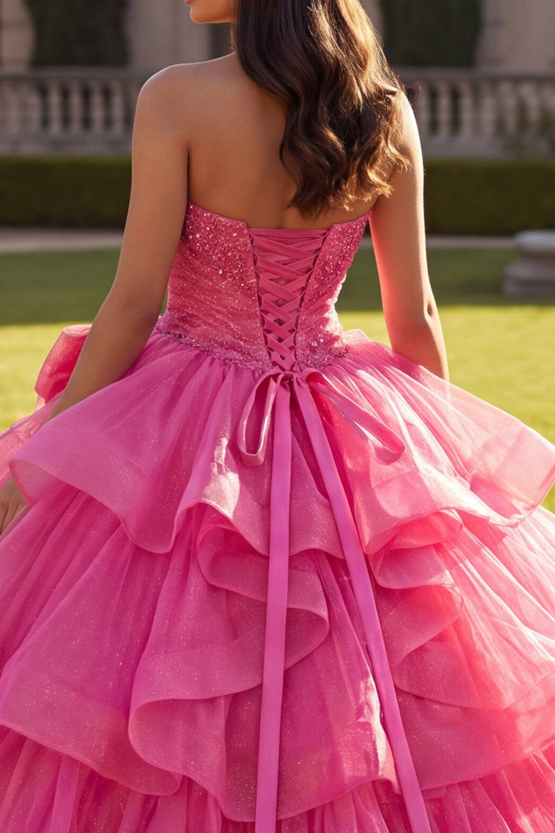 Laden Sie das Bild in den Galerie-Viewer, Halter-Fuchsia, gerüschendes Ballgewand Quinceañera-Kleid mit Schleife