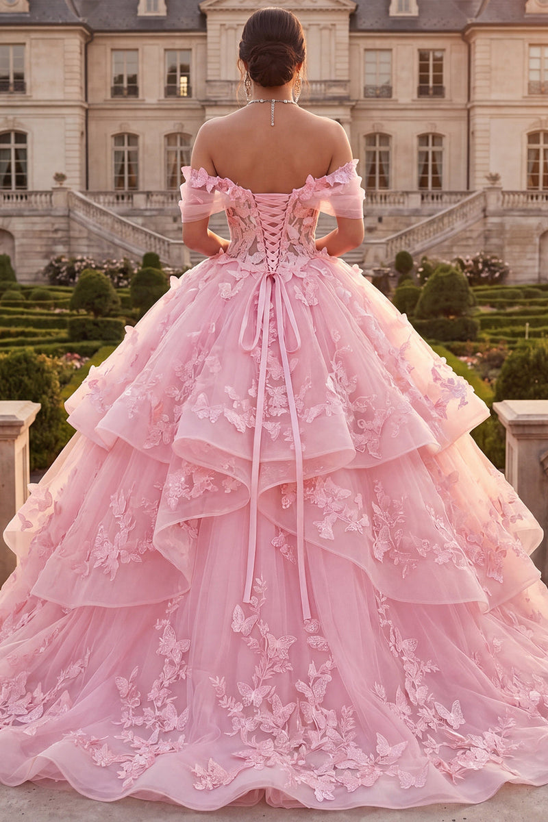 Laden Sie das Bild in den Galerie-Viewer, Off-the-shoulder rosa Ballkleid mit Rüschen und applikiertem Quinceañera-Kleid