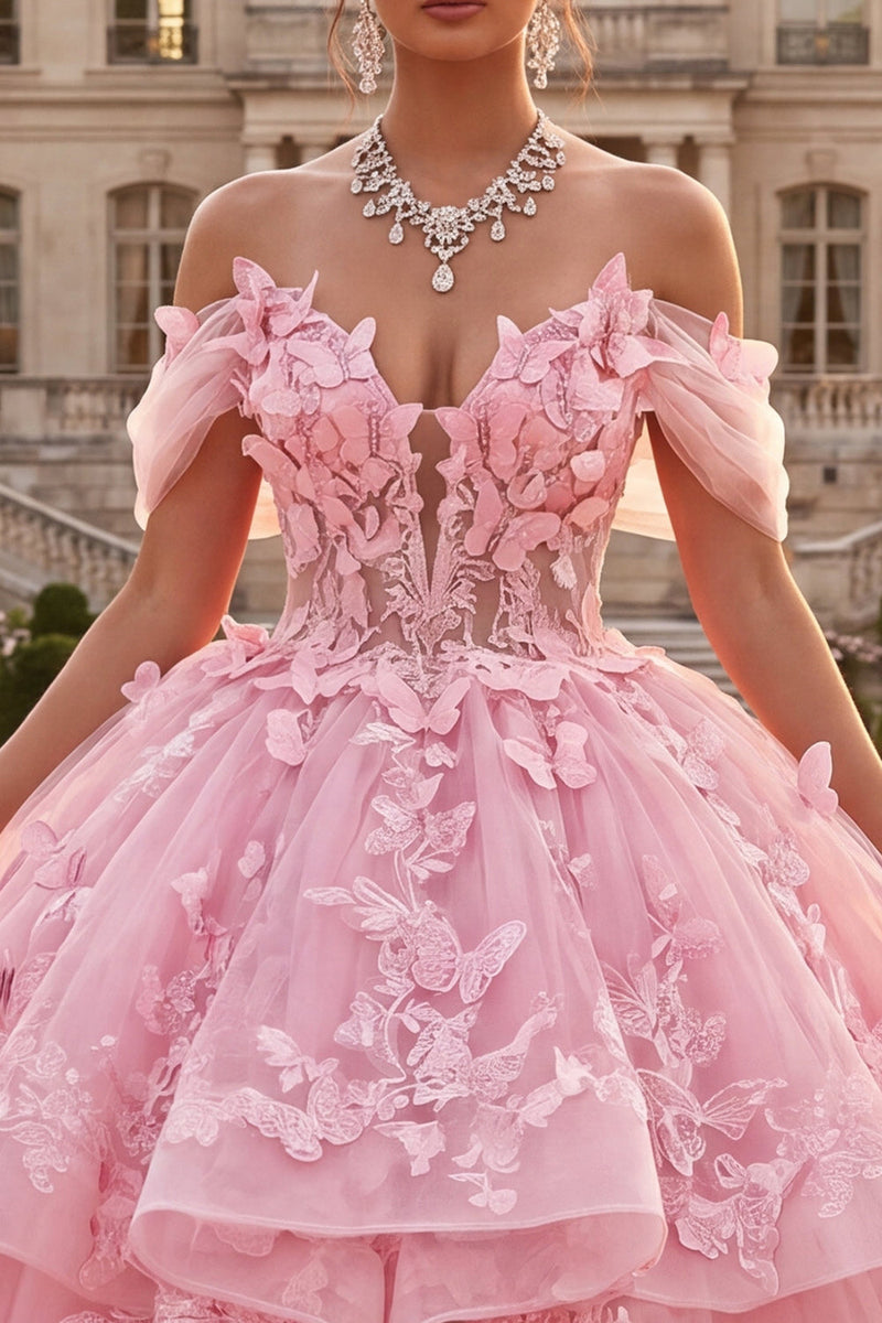 Laden Sie das Bild in den Galerie-Viewer, Off-the-shoulder rosa Ballkleid mit Rüschen und applikiertem Quinceañera-Kleid
