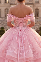 Laden Sie das Bild in den Galerie-Viewer, Off-the-shoulder rosa Ballkleid mit Rüschen und applikiertem Quinceañera-Kleid
