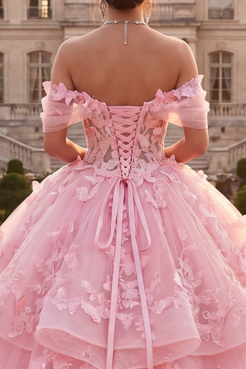 Laden Sie das Bild in den Galerie-Viewer, Off-the-shoulder rosa Ballkleid mit Rüschen und applikiertem Quinceañera-Kleid