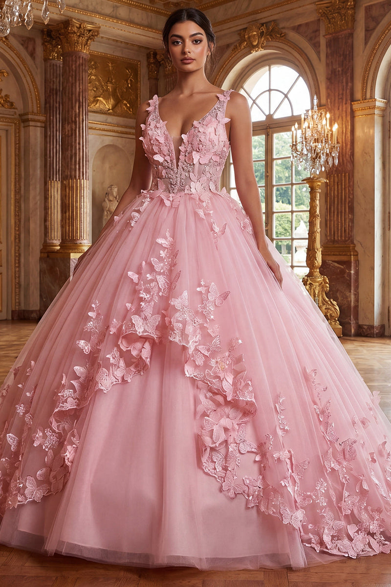 Laden Sie das Bild in den Galerie-Viewer, Pinkes V-Ausschnitt-Quinceañera-Kleidungskleid mit Appliquierung