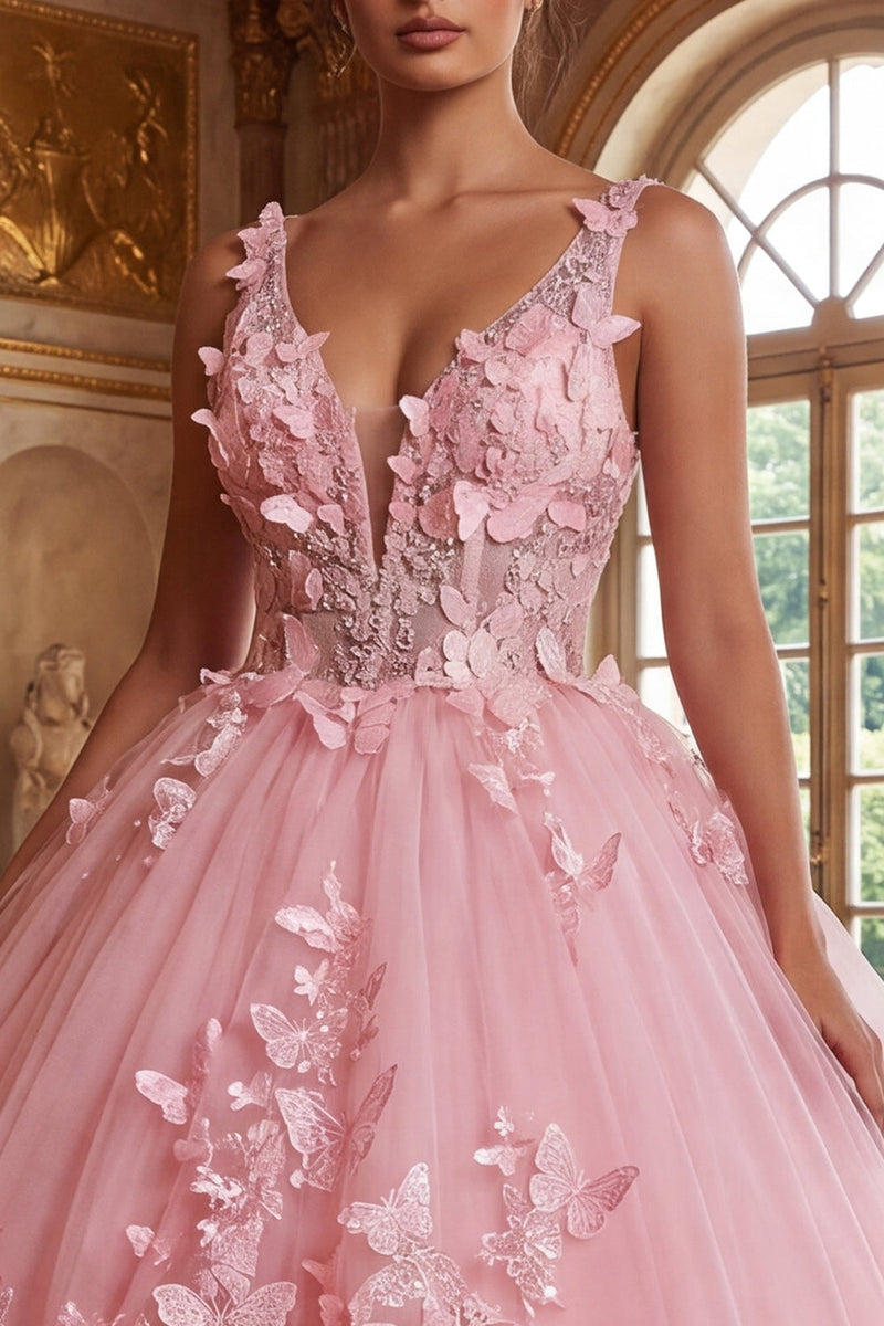 Laden Sie das Bild in den Galerie-Viewer, Pinkes V-Ausschnitt-Quinceañera-Kleidungskleid mit Appliquierung