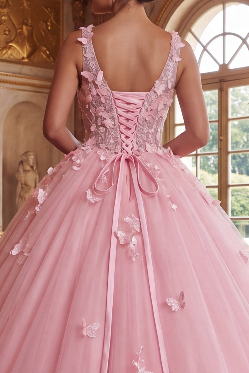 Laden Sie das Bild in den Galerie-Viewer, Pinkes V-Ausschnitt-Quinceañera-Kleidungskleid mit Appliquierung