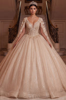 Laden Sie das Bild in den Galerie-Viewer, Champagner-V-Ausschnitt-Korsett, Ballkleid, Quinceañera-Kleid mit Umhangärmeln