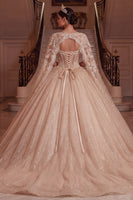 Laden Sie das Bild in den Galerie-Viewer, Champagner-V-Ausschnitt-Korsett, Ballkleid, Quinceañera-Kleid mit Umhangärmeln