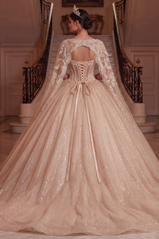 Champagner-V-Ausschnitt-Korsett, Ballkleid, Quinceañera-Kleid mit Umhangärmeln