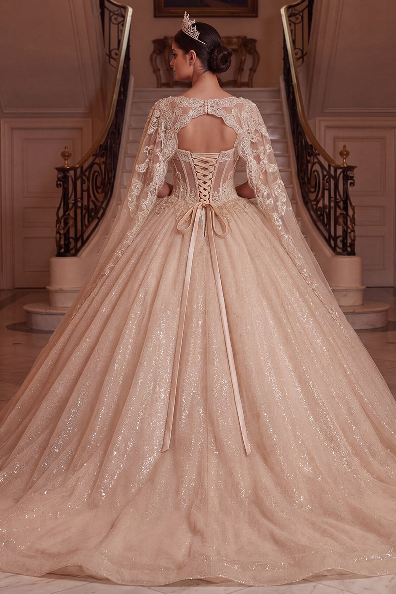 Laden Sie das Bild in den Galerie-Viewer, Champagner-V-Ausschnitt-Korsett, Ballkleid, Quinceañera-Kleid mit Umhangärmeln