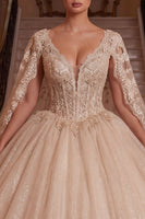 Laden Sie das Bild in den Galerie-Viewer, Champagner-V-Ausschnitt-Korsett, Ballkleid, Quinceañera-Kleid mit Umhangärmeln