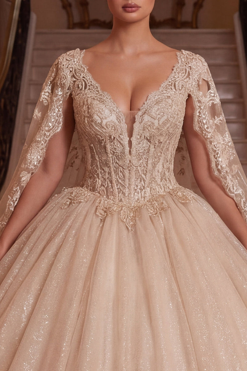 Laden Sie das Bild in den Galerie-Viewer, Champagner-V-Ausschnitt-Korsett, Ballkleid, Quinceañera-Kleid mit Umhangärmeln