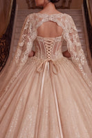 Laden Sie das Bild in den Galerie-Viewer, Champagner-V-Ausschnitt-Korsett, Ballkleid, Quinceañera-Kleid mit Umhangärmeln