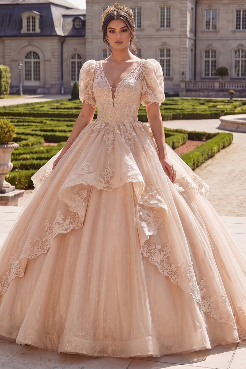 Laden Sie das Bild in den Galerie-Viewer, Champagner-V-Ausschnitt-Applikiertes Ballkleid Quinceañera Quinceañera mit kurzen Ärmeln