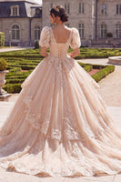 Laden Sie das Bild in den Galerie-Viewer, Champagner-V-Ausschnitt-Applikiertes Ballkleid Quinceañera Quinceañera mit kurzen Ärmeln