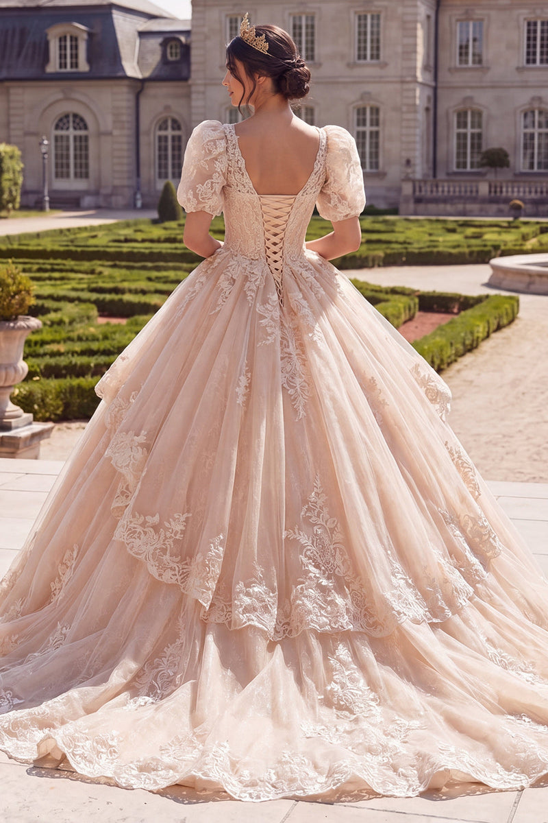 Laden Sie das Bild in den Galerie-Viewer, Champagner-V-Ausschnitt-Applikiertes Ballkleid Quinceañera Quinceañera mit kurzen Ärmeln
