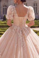 Laden Sie das Bild in den Galerie-Viewer, Champagner-V-Ausschnitt-Applikiertes Ballkleid Quinceañera Quinceañera mit kurzen Ärmeln