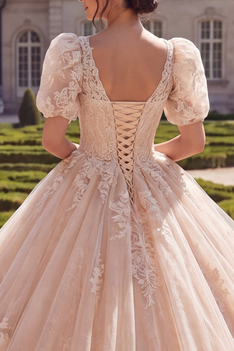 Laden Sie das Bild in den Galerie-Viewer, Champagner-V-Ausschnitt-Applikiertes Ballkleid Quinceañera Quinceañera mit kurzen Ärmeln