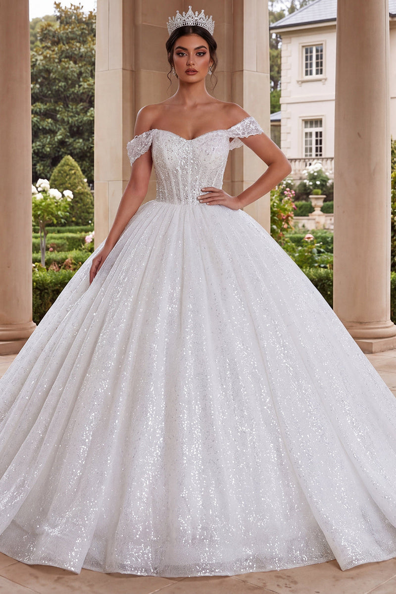 Laden Sie das Bild in den Galerie-Viewer, Glitzerndes Schulterloses Weißes Korsett Ballkleid