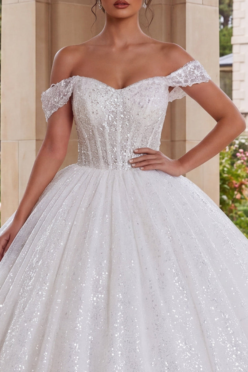 Laden Sie das Bild in den Galerie-Viewer, Glitzerndes Schulterloses Weißes Korsett Ballkleid