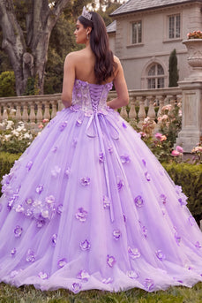 Lilafarbenes trägerloses Korsett, Quinceañera-Kleid mit 3D-Blumen