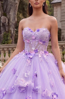 Laden Sie das Bild in den Galerie-Viewer, Lilafarbenes trägerloses Korsett, Quinceañera-Kleid mit 3D-Blumen