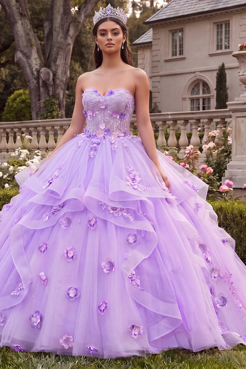 Laden Sie das Bild in den Galerie-Viewer, Trägerloses, lilafarbenes Ballgewand Quinceañera-Kleid mit 3D-Blumen