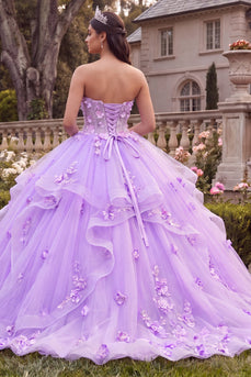 Trägerloses, lilafarbenes Ballgewand Quinceañera-Kleid mit 3D-Blumen