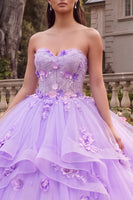 Laden Sie das Bild in den Galerie-Viewer, Trägerloses, lilafarbenes Ballgewand Quinceañera-Kleid mit 3D-Blumen