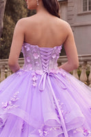 Laden Sie das Bild in den Galerie-Viewer, Trägerloses, lilafarbenes Ballgewand Quinceañera-Kleid mit 3D-Blumen