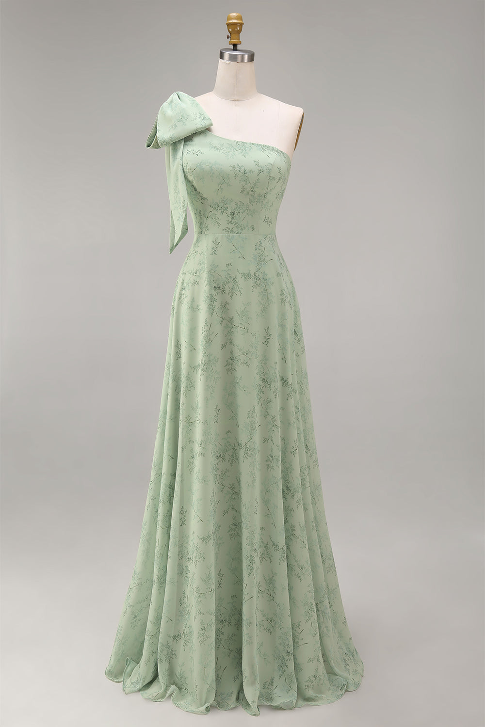 Staubiges Salbei-Einschulter-Blumenmuster A-Linie lange Brautjungfernkleid mit Schleife