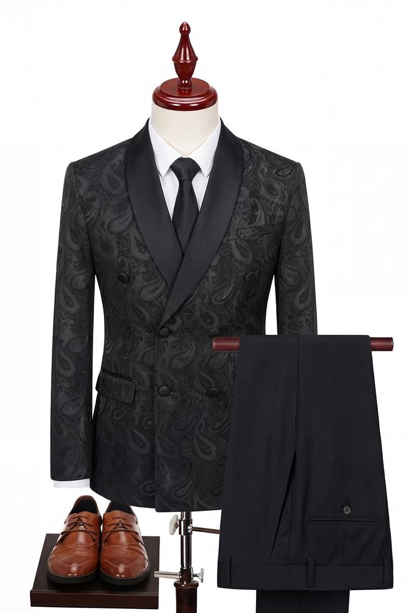 Laden Sie das Bild in den Galerie-Viewer, 2-teilige Schal-Revers-Schwarze doppelreihige Herren-Hochzeitsanzüge