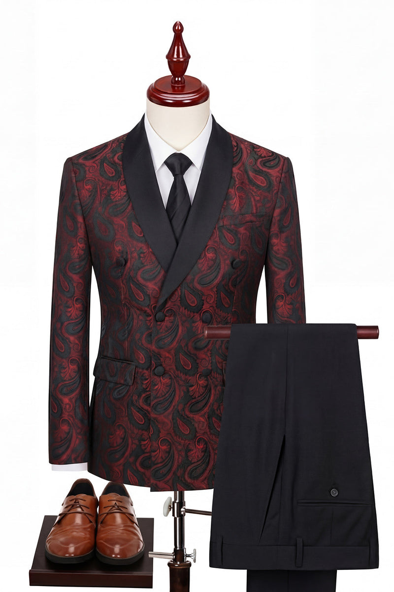 Laden Sie das Bild in den Galerie-Viewer, 2-teilige Schal-Revers-Schwarze doppelreihige Herren-Hochzeitsanzüge