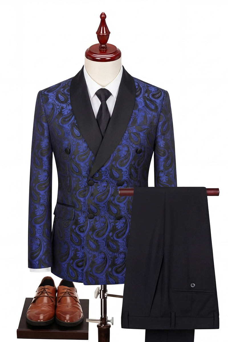 Laden Sie das Bild in den Galerie-Viewer, 2-teilige Schal-Revers-Schwarze doppelreihige Herren-Hochzeitsanzüge