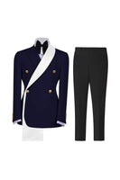 Laden Sie das Bild in den Galerie-Viewer, Blaue zweiteilige Doppelreihige Herrenabschlussanzüge mit Notch-Revers