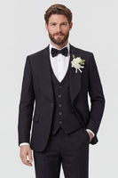 Laden Sie das Bild in den Galerie-Viewer, Schwarze Schal-Revers 3-teilige Einknopf-Herren-Hochzeitsanzüge