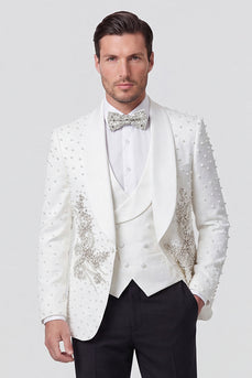 3-teiliger Schal mit weißem Revers und ein-Knopf-Herren-Hochzeitsanzügen mit Perlen