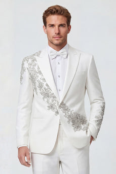 Weiße zweiteilige Herren-Hochzeitsanzüge mit Spitzrevers und Perlen