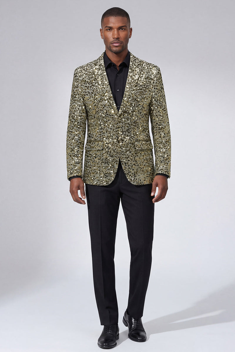 Laden Sie das Bild in den Galerie-Viewer, Glitzerndes goldenes Revers einreihige Herrenjacke mit Perlen