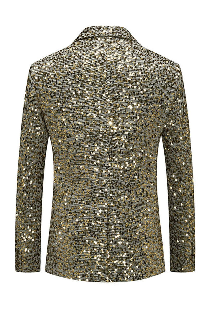 Laden Sie das Bild in den Galerie-Viewer, Glitzerndes goldenes Revers einreihige Herrenjacke mit Perlen
