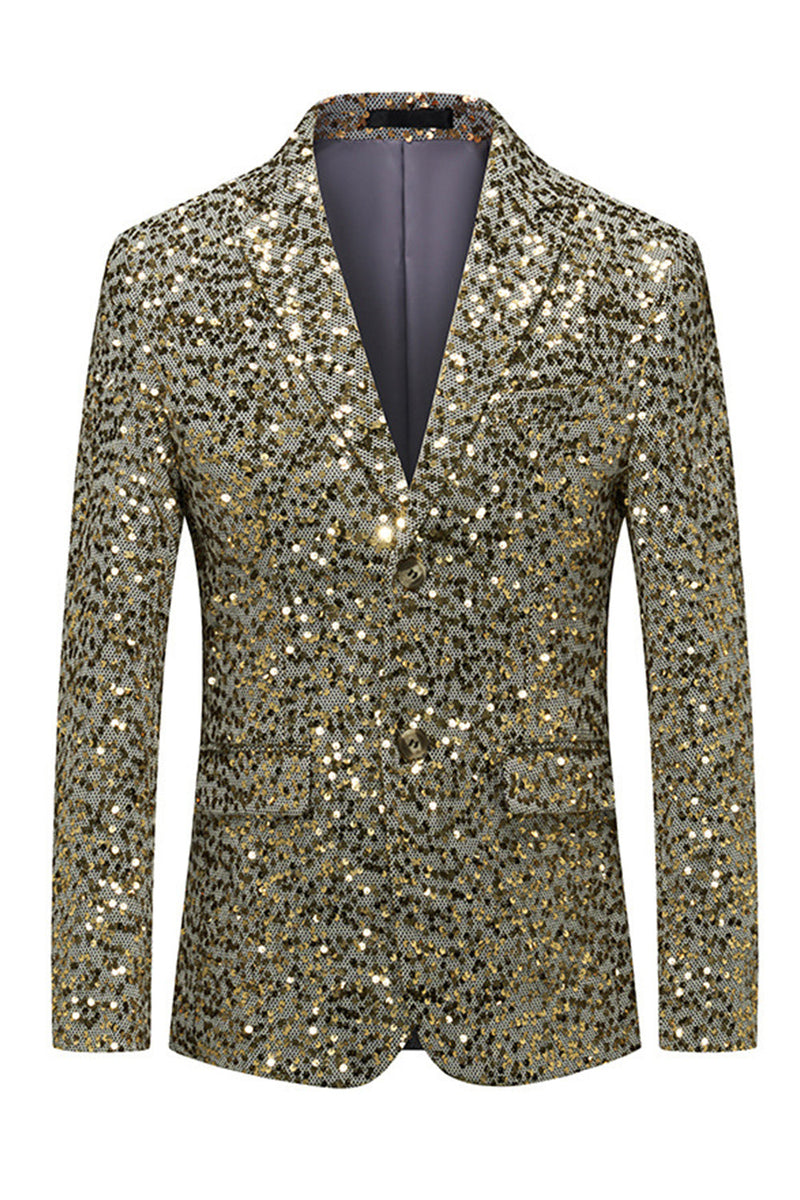 Laden Sie das Bild in den Galerie-Viewer, Glitzerndes goldenes Revers einreihige Herrenjacke mit Perlen