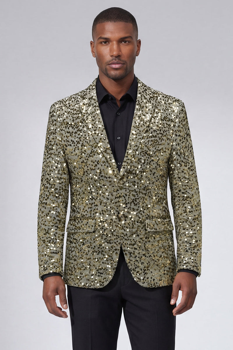 Laden Sie das Bild in den Galerie-Viewer, Glitzerndes goldenes Revers einreihige Herrenjacke mit Perlen