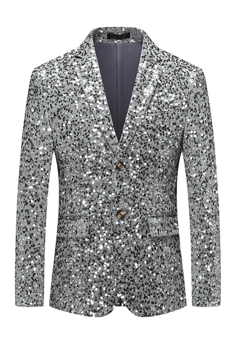 Laden Sie das Bild in den Galerie-Viewer, Glitzerndes goldenes Revers einreihige Herrenjacke mit Perlen