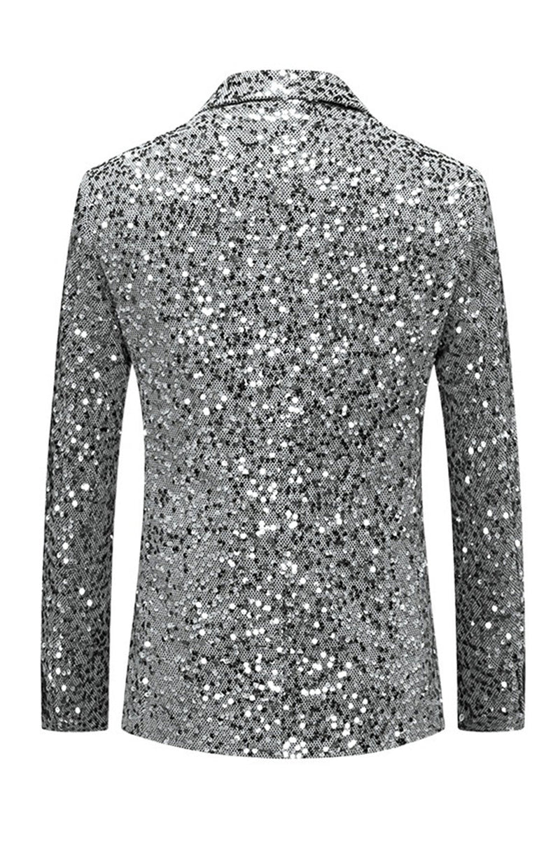 Laden Sie das Bild in den Galerie-Viewer, Glitzerndes goldenes Revers einreihige Herrenjacke mit Perlen