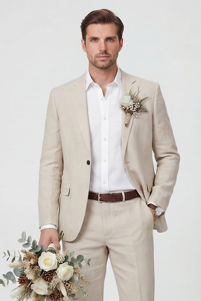 Laden Sie das Bild in den Galerie-Viewer, Notch Revers Beige Einknopf-Zweiteiler Herren-Hochzeitsanzüge