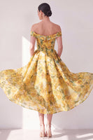 Laden Sie das Bild in den Galerie-Viewer, Off-the-shoulder A-Linie gelbes Chiffon-bedrucktes florales Midi-Kleid mit Taschen