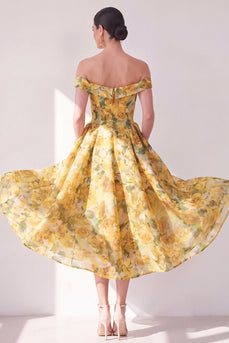 Off-the-shoulder A-Linie gelbes Chiffon-bedrucktes florales Midi-Kleid mit Taschen