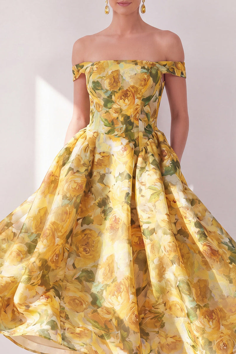 Laden Sie das Bild in den Galerie-Viewer, Off-the-shoulder A-Linie gelbes Chiffon-bedrucktes florales Midi-Kleid mit Taschen