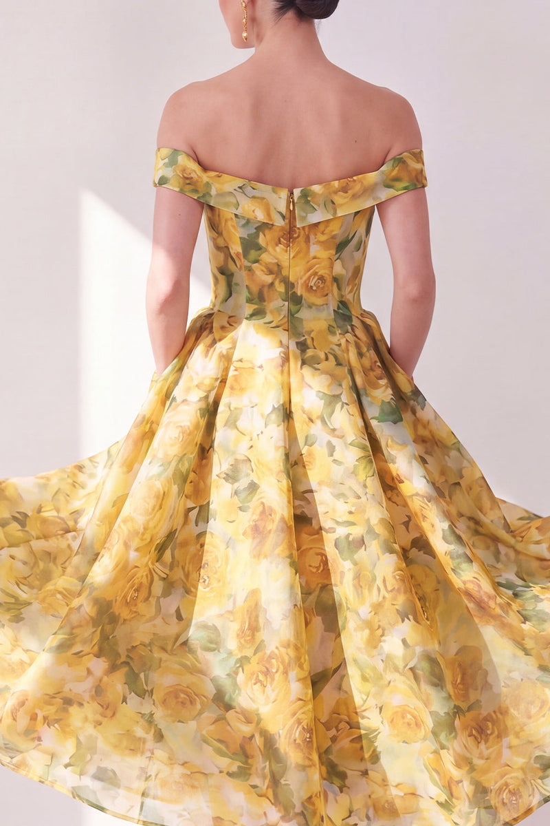 Laden Sie das Bild in den Galerie-Viewer, Off-the-shoulder A-Linie gelbes Chiffon-bedrucktes florales Midi-Kleid mit Taschen